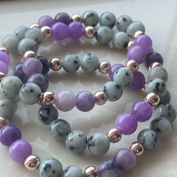 Lepidolite kiwi jasper rose gold tone ONE NEW stretch bracelet crystal stone med - Picture 8 of 10